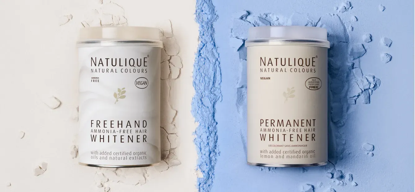 NATULIQUE Freehand and Permanent ammonia-free hair whitener tins on white and blue lightener powder