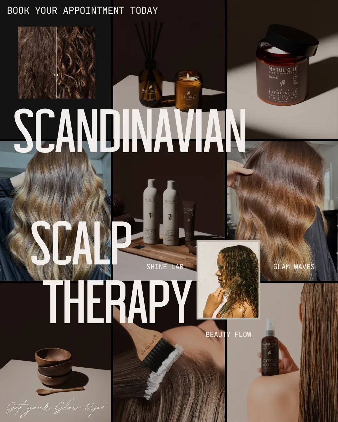 Scandinavian Scalp Therapy collage of NATULIQUE head spa products, scalp treatments and glossy brunette waves