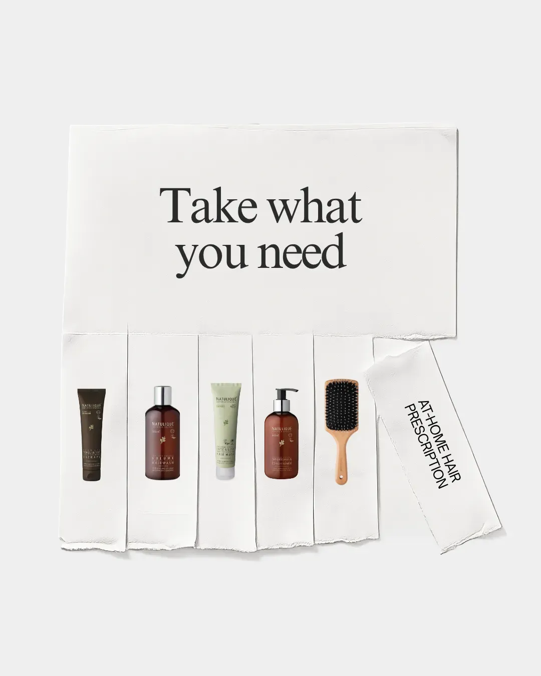 NATULIQUE at-home hair prescription: scalp therapy, volume hairwash, hair mask, conditioner and a wooden paddle brush