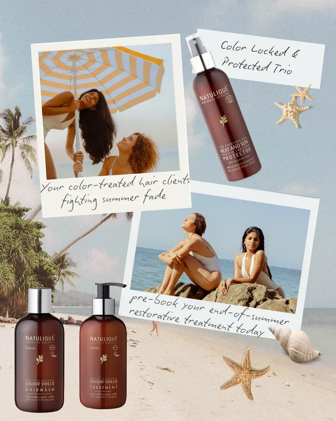 NATULIQUE Colour Shield Hairwash, Colour Shield Treatment and Heat and Sun Protector with summer beach photos
