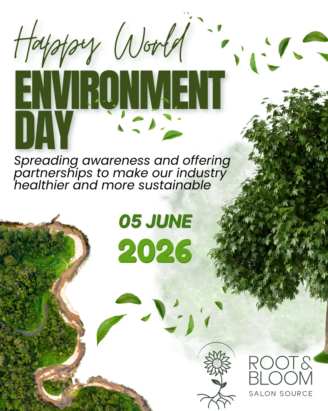 Happy World Environment Day, 5 June 2026 graphic with trees, falling leaves and a forest river, from Root & Bloom Salon Source