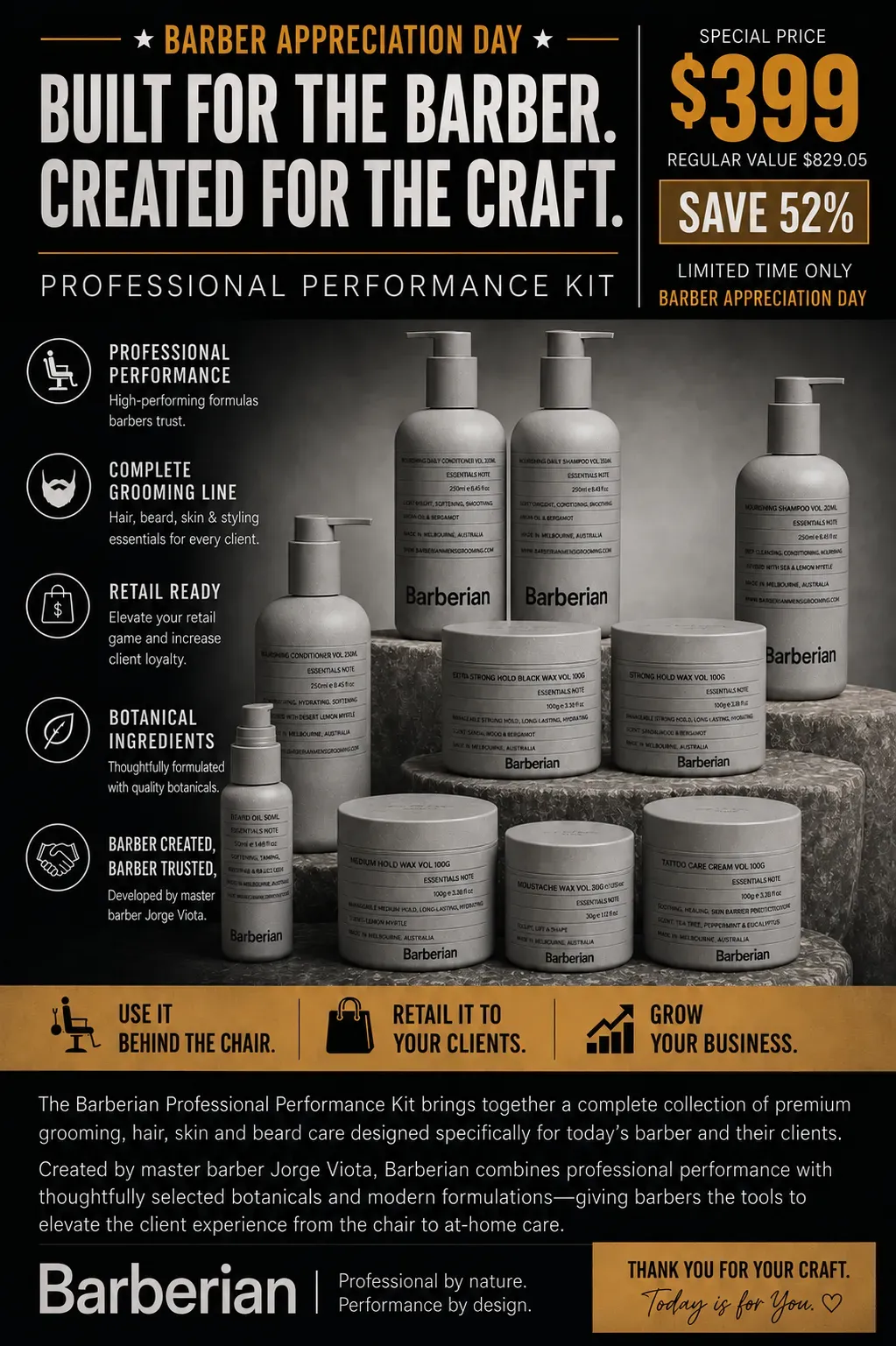Barberian Professional Performance Kit of shampoos, conditioners, waxes and beard oil for Barber Appreciation Day