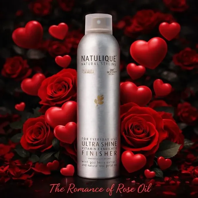 NATULIQUE Ultra Shine Finisher spray among red roses and hearts, The Romance of Rose Oil