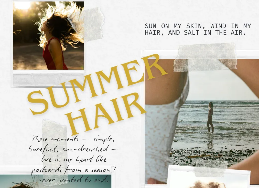 Summer Hair collage of sun-drenched beach photos of women with windswept hair