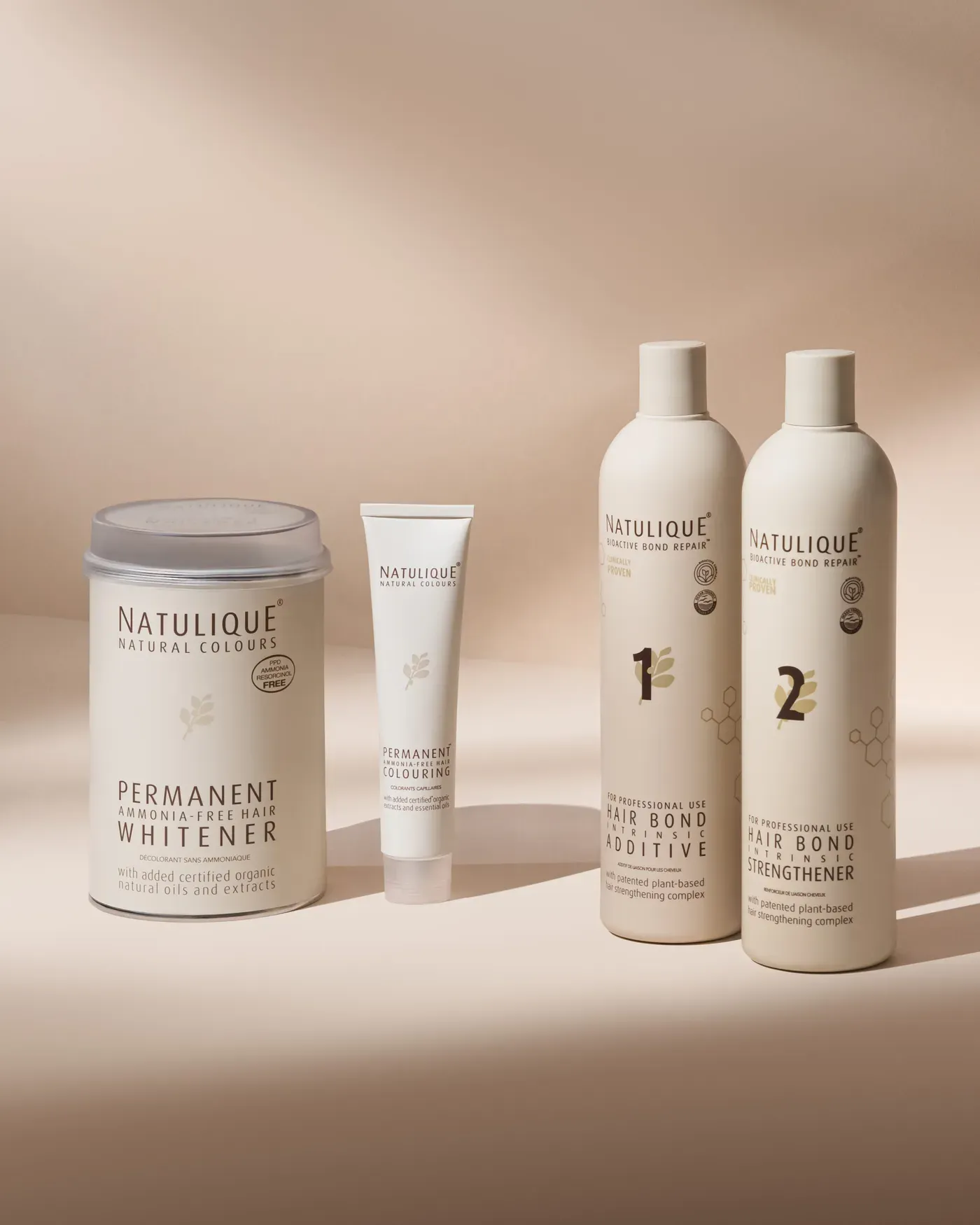NATULIQUE Permanent Whitener, Permanent Colouring, Hair Bond Additive 1 and Hair Bond Strengthener 2 from the BioActive Bond Repair range