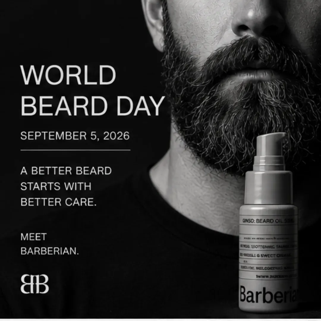 World Beard Day, September 5, 2026 graphic of a bearded man with Barberian GINSO beard oil