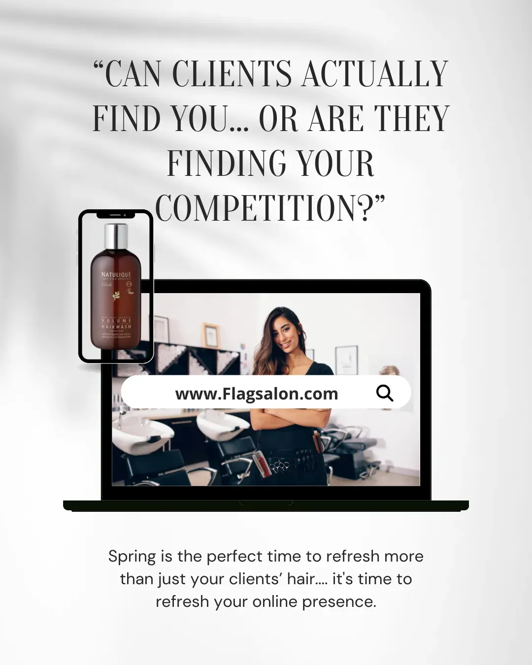 Salon marketing graphic asking if clients can find you online, with a stylist on a laptop screen and a NATULIQUE bottle
