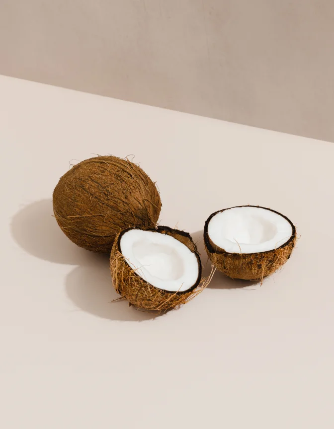 Whole and halved coconut, one of the botanical ingredients behind the curated organic ranges