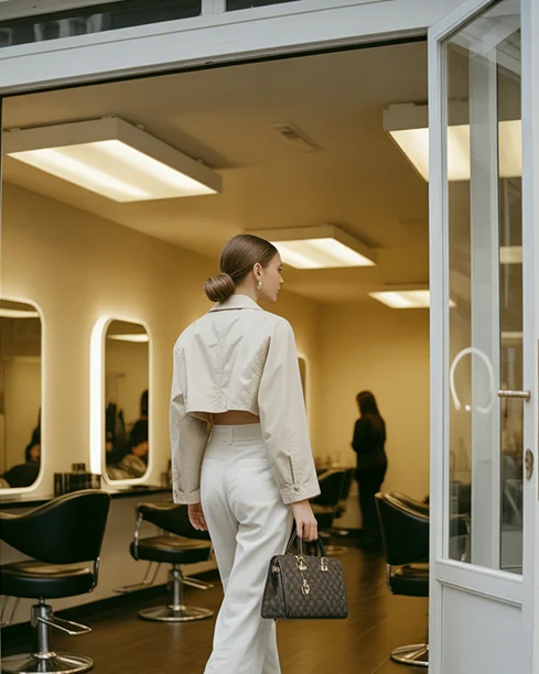 A client leaving a bright salon, representing the booking growth FLAGSALON builds for partner salons