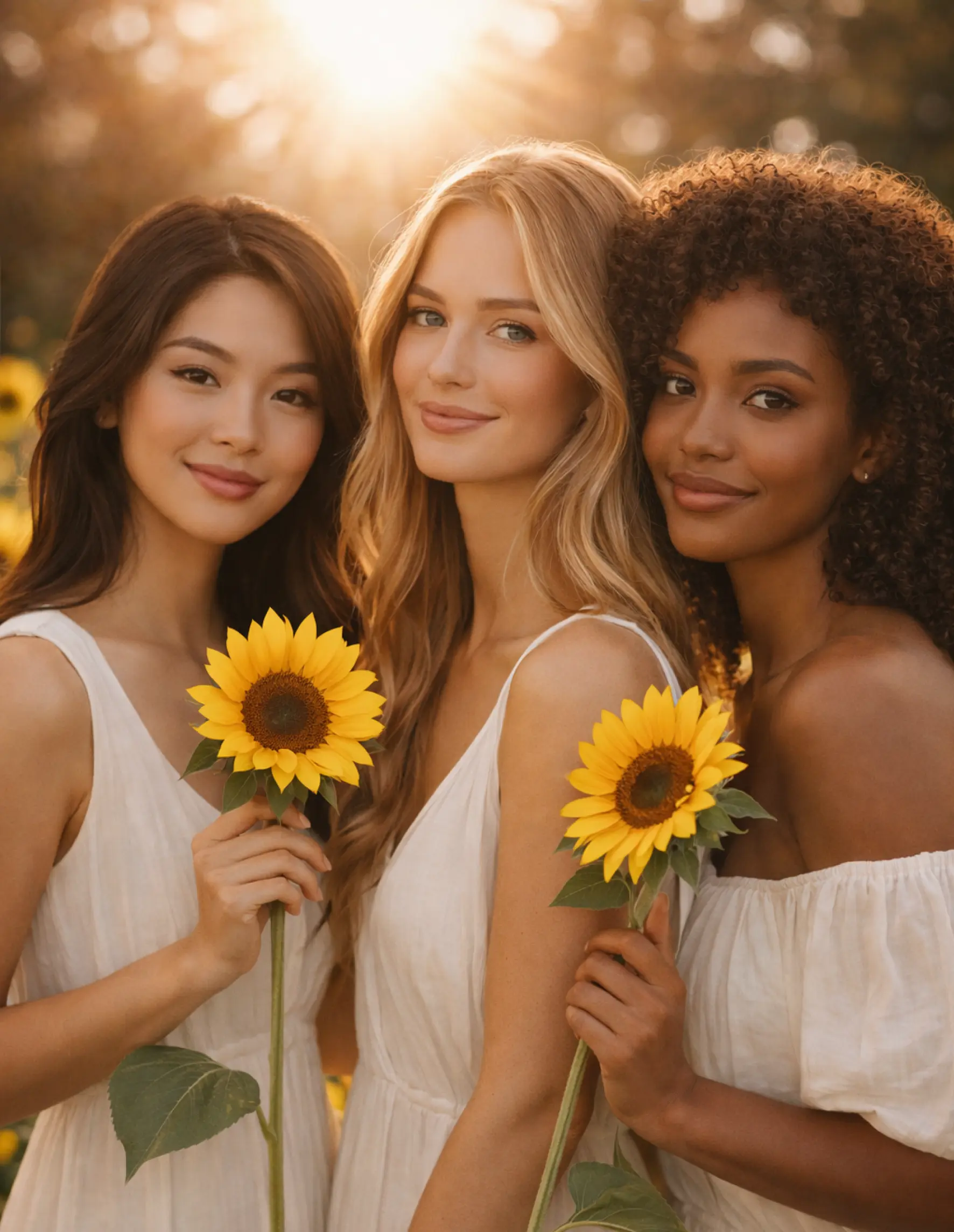 Three stylists standing together holding sunflowers, the Root & Bloom emblem of growing towards the light